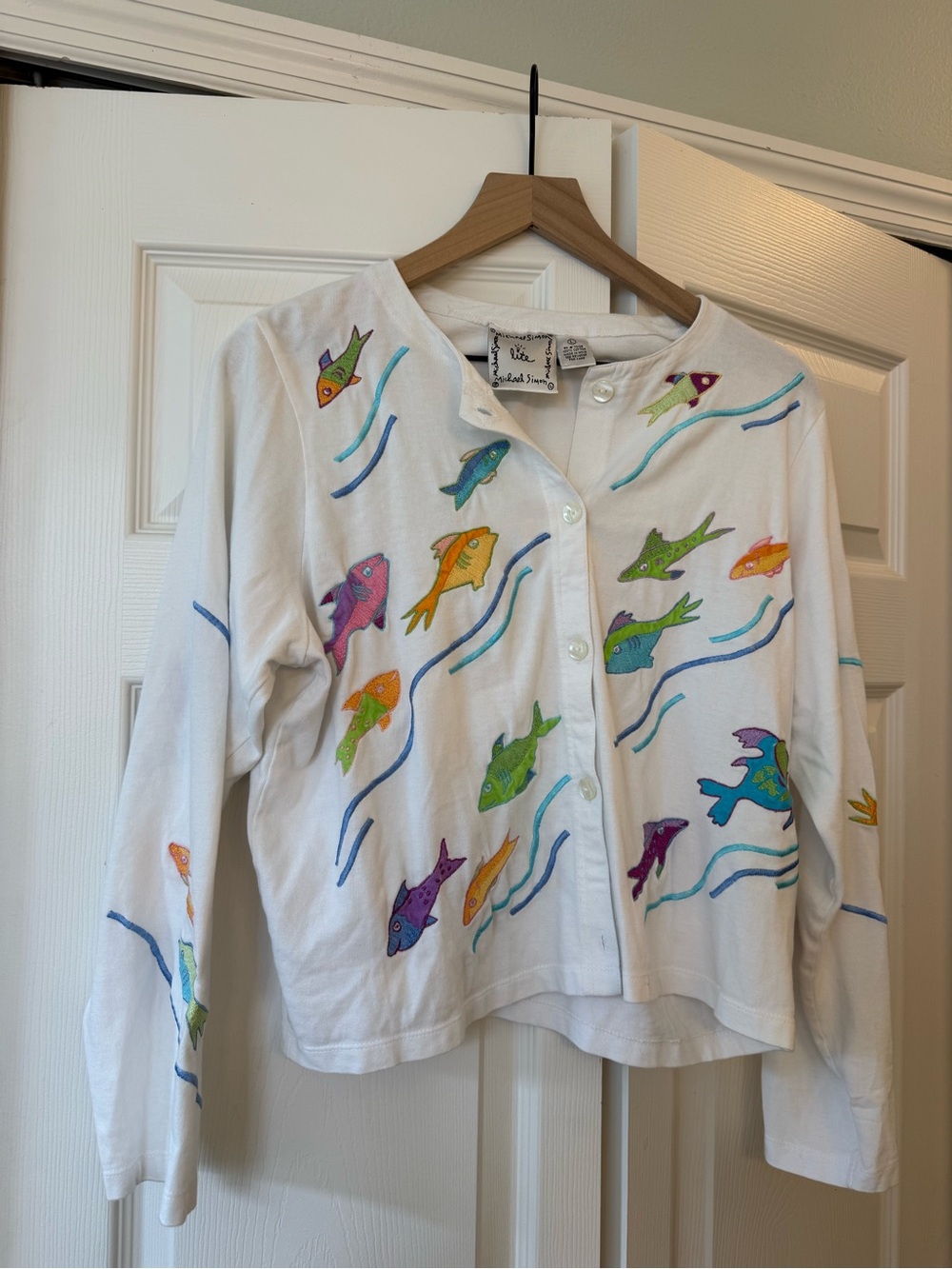 Michael Simon Fish Embroidered Cardigan 100% Cotton Colorful Coastal Sz S - Picture 3 of 9